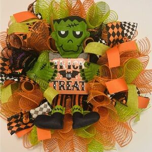 Halloween Frankenstein Wreath with Orange and Green Accents